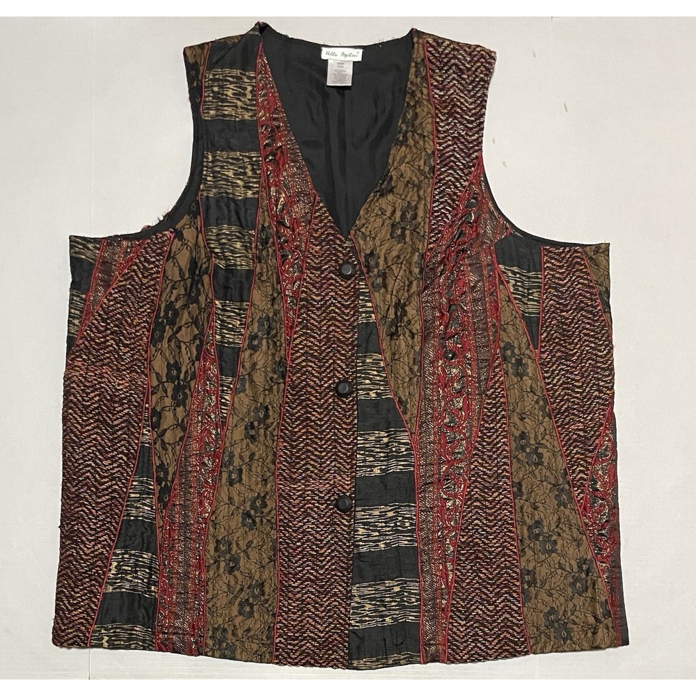 Ulla Popken Women's Plus 24/26 Textured Artsy Bohemian Print Vest Embroidered